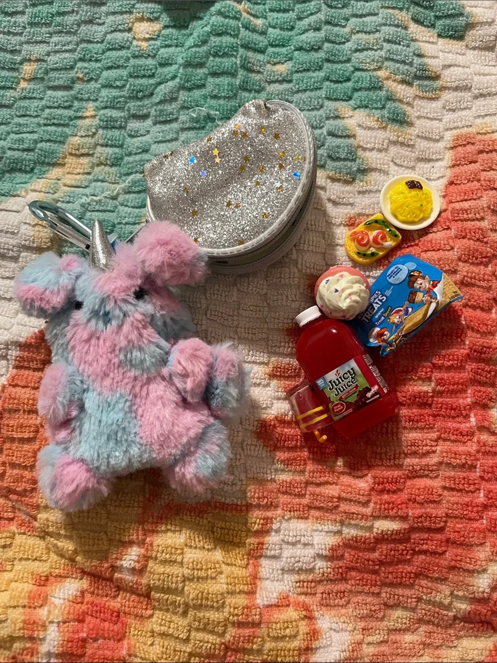 Juicy Couture Silver Glitter Heart Bag with Pink & Blue Plush Unicorn Keychain